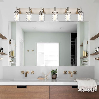 Bathroom Vanity Lighting Fixtures 6 Lights,Brushed Nickel Bathroom Vanity Lights with Clear Hammered Shade Wall Sconce Lighting Modern Farmhouse Bath Lighting