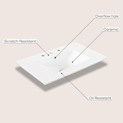 JONATHAN Y SNK1002A Ancillary 3-Hole 30 in. W x 18.25 in. D Classic Contemporary Rectangular Ceramic Single Sink Basin Vanity Top, White
