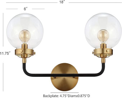JONATHAN Y 18" Black/Brass Gold 2-Light LED Wall Sconce Vanity Lighting, Clear Glass Globe Shade Modern Contemporary Sconce for Bathroom Mirror, Hallway, UL Listed (JYL9010A)