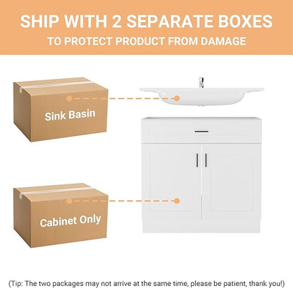 36 Inch Bathroom Vanity with Ceramic Sink, White Freestanding Double-Door Cabinet, Heavy-Duty & Easy-Clean