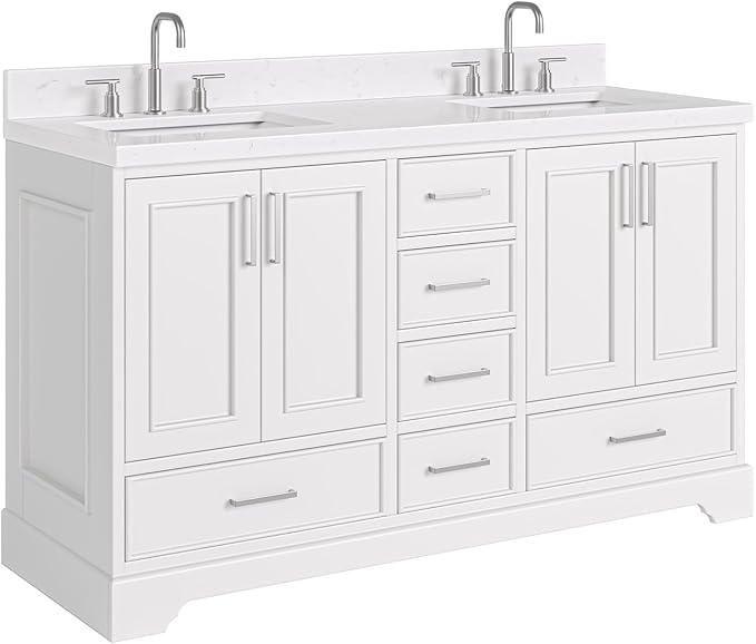 ARIEL Stafford 60-inch Bathroom Vanity with Sink,Solid Wood, 1.5-inch Carrara White Quartz Countertop, Double Rectangular Porcelain Sink, 4 Soft Closing Doors, 6 Dovetail Drawers, White