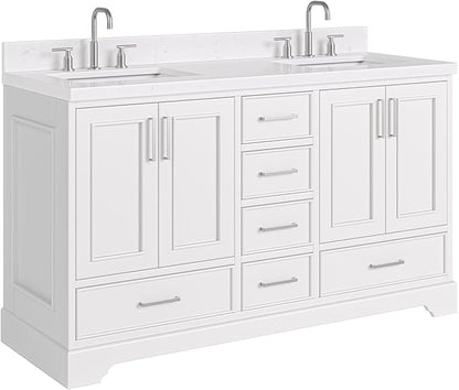 ARIEL Stafford 60-inch Bathroom Vanity with Sink,Solid Wood, 1.5-inch Carrara White Quartz Countertop, Double Rectangular Porcelain Sink, 4 Soft Closing Doors, 6 Dovetail Drawers, White
