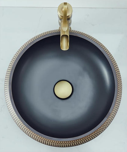 16 Inch Round Vessel Sink - Brown & Black Porcelain Ceramic Art Basin, Handmade Countertop Bathroom Sink Bowl