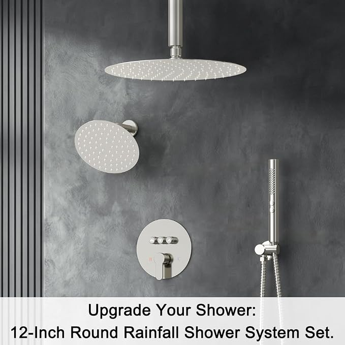 Shower Systems Round Shower Faucet Set, 12+6"Dual Rainfall Shower head with 2 in 1 Handheld Spray, Ceiling Mount Push Button with Shower Set Valve and Trim Kit Brushed Nickel,Can Use All at Once