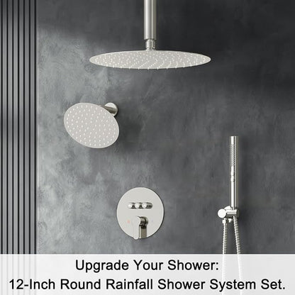 Shower Systems Round Shower Faucet Set, 12+6"Dual Rainfall Shower head with 2 in 1 Handheld Spray, Ceiling Mount Push Button with Shower Set Valve and Trim Kit Brushed Nickel,Can Use All at Once