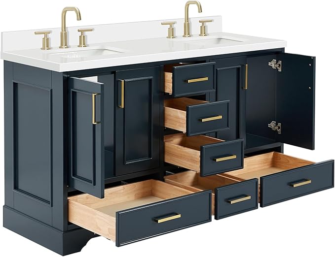 ARIEL Stafford 60-inch Bathroom Vanity with Sink,Solid Wood, 1.5-inch Pure White Quartz Countertop, Double Rectangular Porcelain Sink, 4 Soft Closing Doors, 6 Dovetail Drawers, Midnight Blue