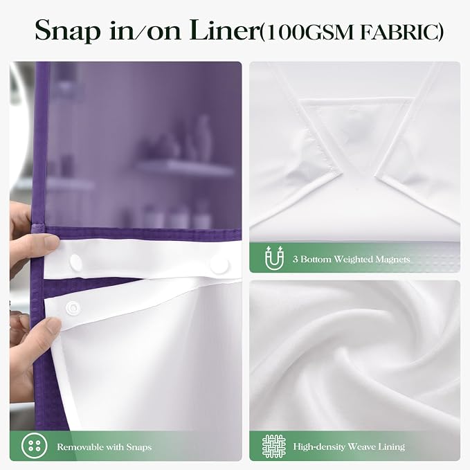 Purple Hook Free Waffle Shower Curtain & Snap Fabric Liner,72x81 | Less Time to install, 3 in 1 Fabric Shower Curtain and Liner Set with Magnets, Long, Shower Curtains for Bathroom