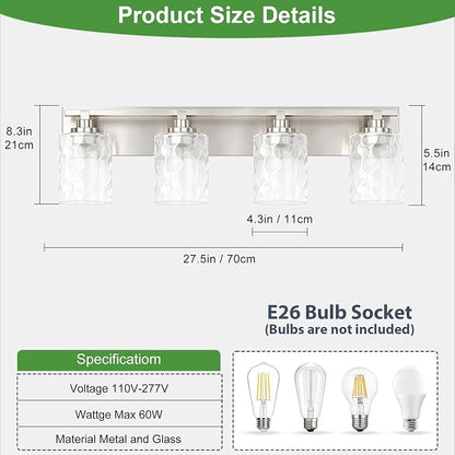 Modern Bathroom Lighting Fixtures Over Mirror, Vanity Lights for Bathroom, Wall Sconces with Clear Glass Shades, E26 Ceramic Socket, 4-Light 27.5-inch Brushed Nickel