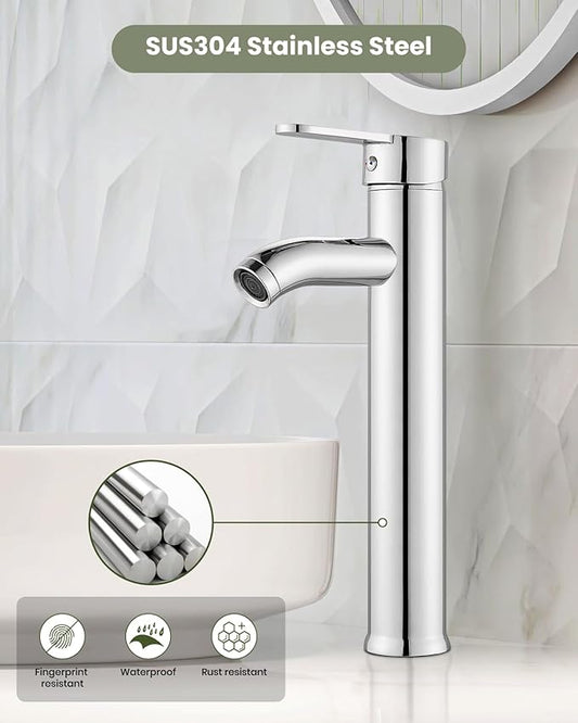 gotonovo Vessel Sink Faucet Modern Tall Bathroom Faucet Single Handle One Hole Stainless Steel Vanity Lavatory Rv Bowl Basin Mixer Tap with Supply Lines and Metal Pop Up Drain, Polish Chrome