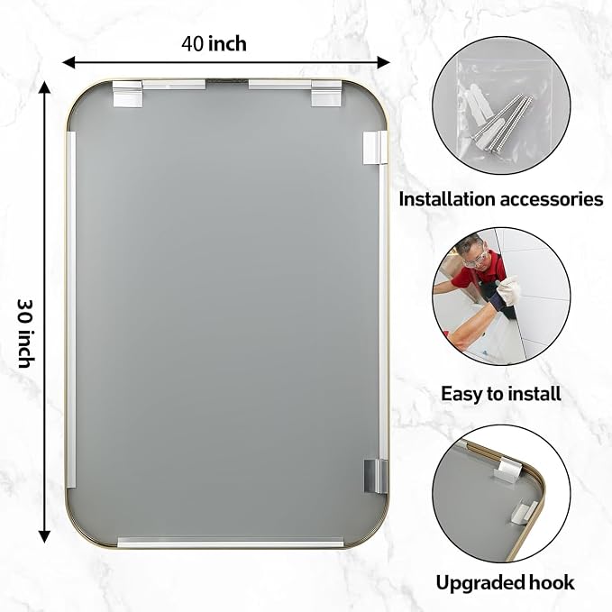 40x30 Inch Gold Bathroom Mirror, Brushed Brass Gold Metal Framed Rectangular Mirror with Rounded Corner, Bathroom Vanity Mirror for Bedroom or Living Room, Horizontal/Vertical