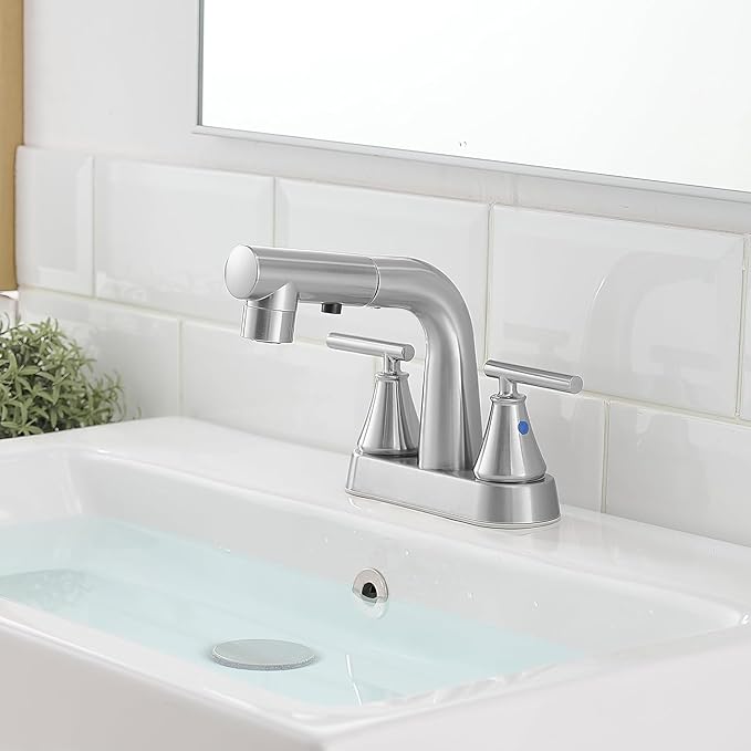 FRANSITON Bathroom Faucets with Pull Out Sprayer, 4 Inch Brushed Nickel Bathroom Faucet 3 Hole, 2 Handle Pull Down Sprayer Bathroom Sink Faucet with 360 Swivel Spout (Brushed Nickel)