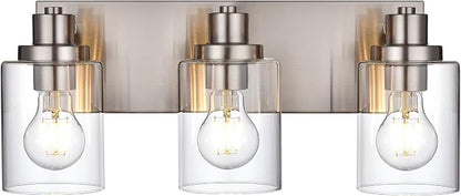 3 Light Bathroom Vanity Light Brushed Nickel Bathroom Lighting Fixtures Over Mirror with Clear Glass Shade, Modern Farmhouse Wall Sconces Vanity Lights for Bedroom Living Room