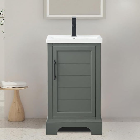 HOMEBEYOND 20 Inch Bathroom Vanity with Single Sink & Ceramic Top, Vanity Cabinet with Center Countertop Basin, Soft-Closing Doors, Vintage Green