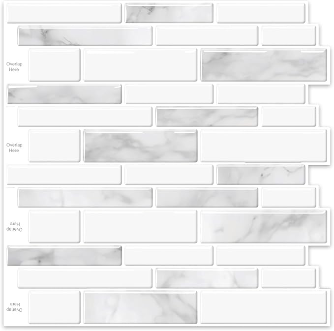 10 Sheets Peel and Stick Backsplash, 12"x12" Peel and Stick Tiles, Marble Look Wall Tiles Backsplash for Kitchen and Bathroom, Livingroom,White and Gray