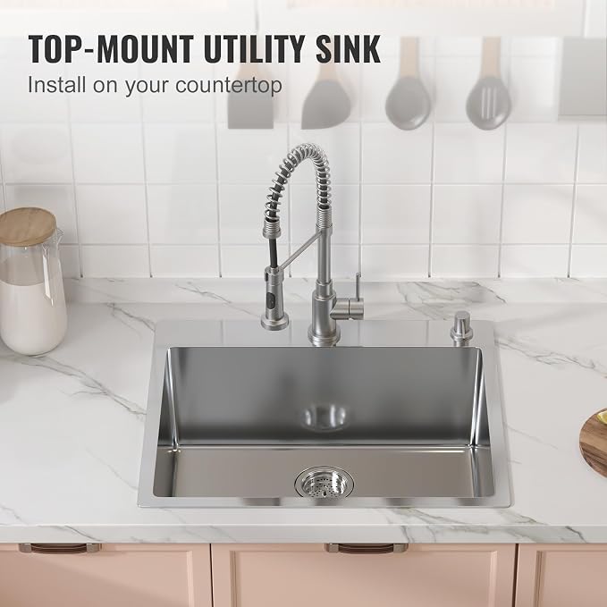 VEVOR Kitchen Sink, 304 Stainless Steel Recessed Sink, Top Mount Single Bowl with Accessories (2 Pack), Home Dishwasher Sink for Workstation, RV, Prep Kitchen and Bar Sink, 25"