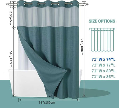No Hook Waffle Shower Curtain with Snap-in Liner, 71x74 Inch, Seaweed Green | 230 GSM waffle weave fabric, waterproof liner set with 2 bottom magnets, mesh top window, washable, for bathroom or hotel use
