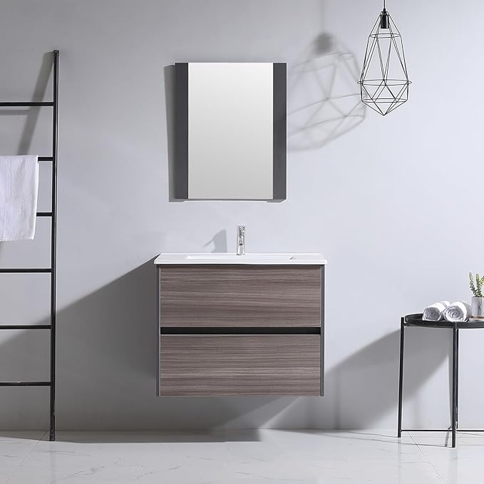 walsport Floating Bathroom Vanity with Sink & Mirror & Faucet & Countertop Set Small Wall Mounted Bathroom Single Sink Cabinet with Double Storage Drawers Modern (Brown1)