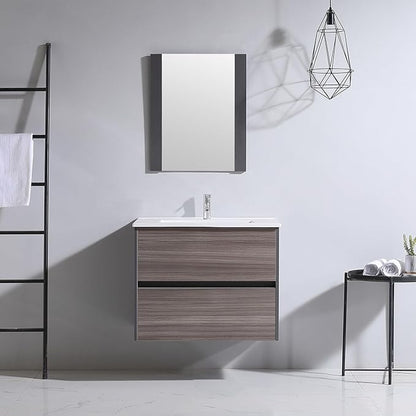walsport Floating Bathroom Vanity with Sink & Mirror & Faucet & Countertop Set Small Wall Mounted Bathroom Single Sink Cabinet with Double Storage Drawers Modern (Brown1)