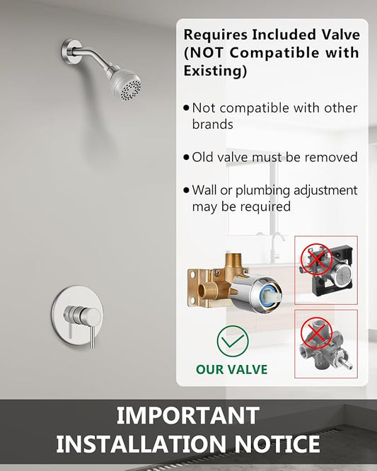Shower Faucet with Valve, Shower Valve Kit and Head, Single Handle Shower Faucet Set with Rough-In Valve, Shower Trim Kit, Polish Chrome