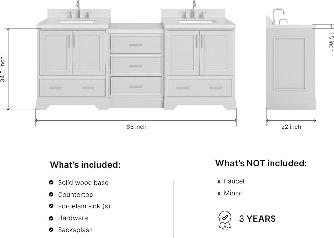 ARIEL Stafford 84-inch Bathroom Vanity with Sink,Solid Wood, 1.5in Pure White Quartz Countertop & Backsplash, Double Rectangular Porcelain Sink, 4 Soft Closing Doors, 5 Dovetail Drawers, Grey