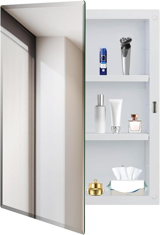 Bathroom Medicine Cabinet with Beveled Mirror, Medicine Cabinet with Storage Function, Hanging Storage Cabinet, Adjustable Shelves, White (16 x 22 inch)