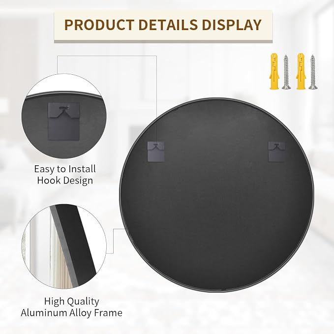 BEAUTYPEAK 40 Inch Round Mirror, Metal Frame Circle Mirror, Black | Wall Mounted for Entryway, Bathroom, Vanity, Living Room