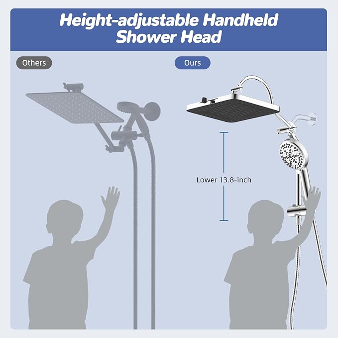 Hibbent Upgraded cUPC Certified 13'' Shower Head Combo, High Pressure 5 Spray Rainfall Showerhead with 10 Spray Modes Handheld, All Metal 3-way Diverter Shower Arm, 71'' Hose and Holder, Chrome