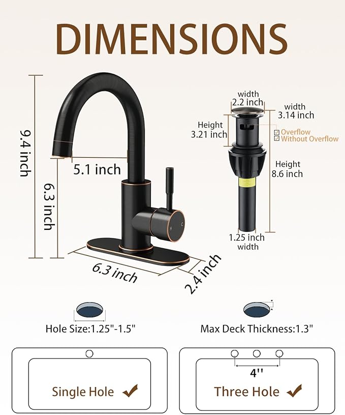 Bathroom Faucets, Bar Sink Faucet Single Hole for Bathroom Kitchen Campers with Pop-Up Drain Hose, Suitable for Farmhouse Vanity Lavatory