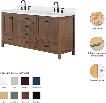 ARIEL Cambridge 72-inch Bathroom Vanity with Sink,Solid Wood, 1.5-inch Pure White Quartz Countertop & Backsplash, Double Oval Porcelain Sink, 4 Soft Closing Doors, 6 Dovetail Drawers, Brown Oak