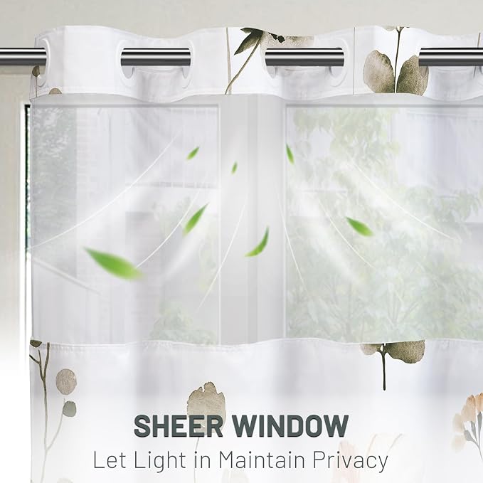 No Hook Floral Shower Curtain with Liner, Khaki, 71x74 | Snap in Liner, 3 in 1, Water Repellent, Easy Install, Machine Washable, Hotel Style for Bathroom, Watercolor Pattern