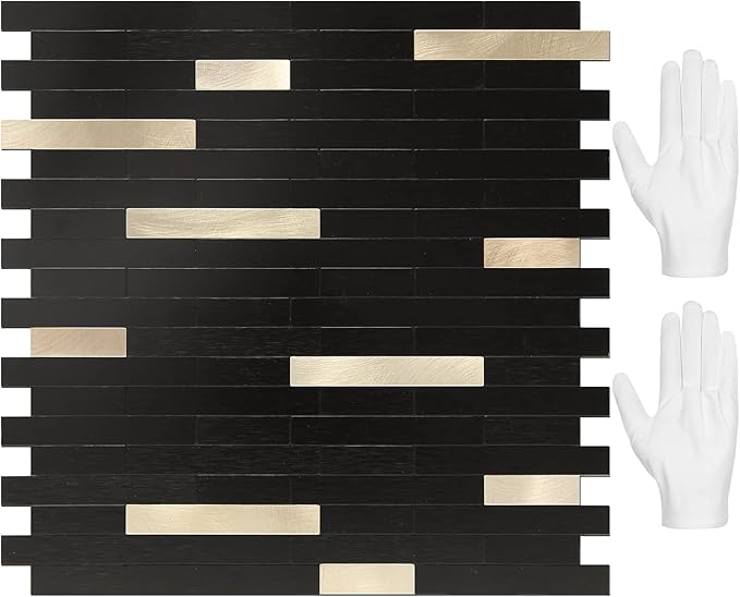 STICKGOO Peel and Stick Backsplash Tile, Stick on Backsplash for Kitchen and Bathroom, Black Mixed Gold Metal Composite Self Adhesive Wall Tiles(10 Sheets)