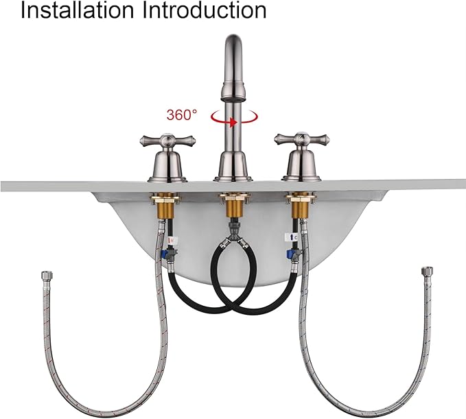 RKF Bathroom Faucets for Sink 3 Hole Brushed Nickel 8 inch Widespread Bathroom Sink Faucet with Drain 2 Handles Cross Knobs Faucet Bathroom Vanity Basin Mixer Tap CWF039-BN