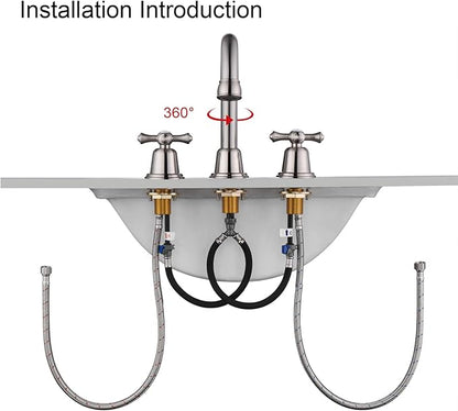 RKF Bathroom Faucets for Sink 3 Hole Brushed Nickel 8 inch Widespread Bathroom Sink Faucet with Drain 2 Handles Cross Knobs Faucet Bathroom Vanity Basin Mixer Tap CWF039-BN