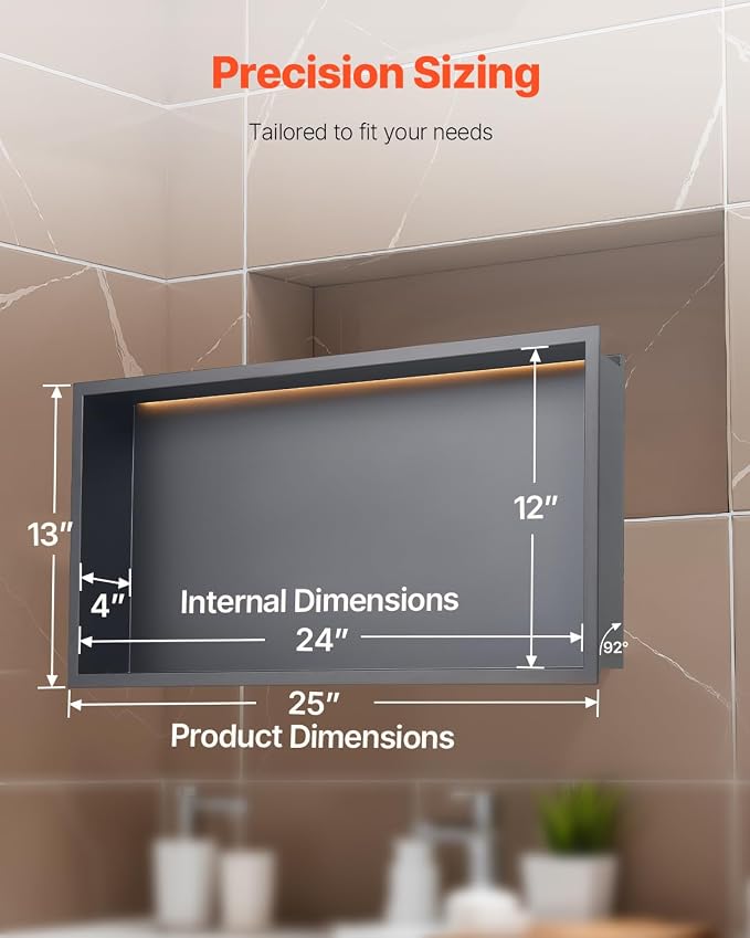 VEVOR Shower Niche, 13 x 25 x 4 inch Recessed Wall Niche with LED Strip,Heavy-Duty Stainless Steel Modern Shampoo Storage Organizer,Sealed Waterproof, Durable & Easy to Install,Black for Bathroom