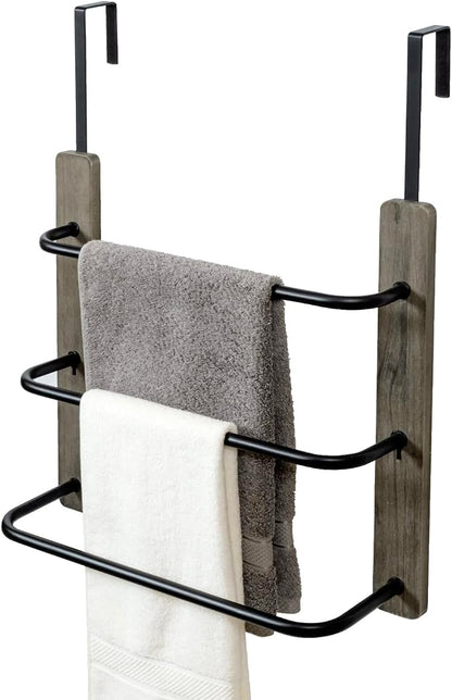MyGift Over The Door Towel Rack for Bathroom, Vintage Gray Weathered Solid Wood 3 Tier Matte Black Metal Bars, Space Saving Hand Towel Holder, Over Shower Door Towel Drying Rack for Bath Towels