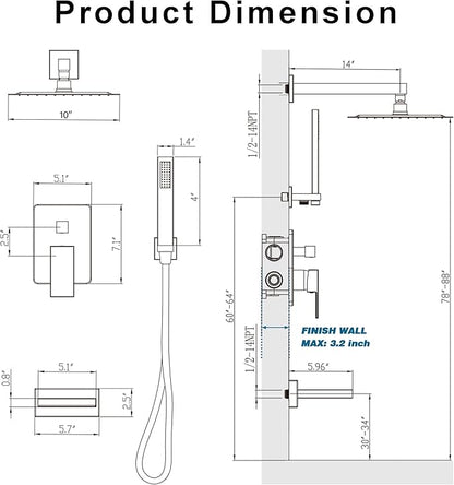 Gold Shower System with Tub Spout, All Metal Tub Shower Faucet Set with 10" Rain Shower Head and Handheld Spray combo, Wall Mounted Tub Shower Systems with Valve and Trim Kit, Brushed Gold