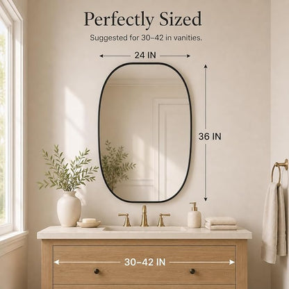 Black Oval Bathroom Mirrors 24x36 Inch | Oblong Vanity Mirror, Crystal-Clear HD Glass, Rust-Proof Aluminum Frame, Inner-Curved Decor for Bedroom, Entryway