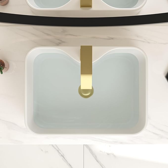Bathroom Vessel Sink 19" x 15" Rectangle With Gold Faucet And Gold Drain Combo Bowl Sink Bathroom Countertop Rectangular White Farmhouse Lavatory Vanity Sink Basin