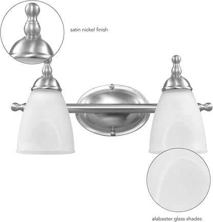 Globe Electric 63000104 3-Piece Bath Accessories, Satin Nickel Finish, 15" 2-Light Vanity Light, Alabaster Glass Shades, Toilet Paper Holder, Towel Ring, Bathroom Décor, Home Essentials
