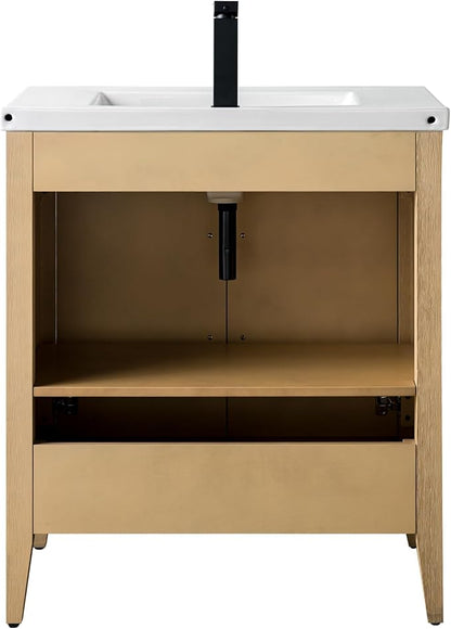 HomeBeyond 30 Inch Bathroom Vanity with Sink & Ceramic Top, Single Vanity Cabinet with Basin, Soft-Closing Doors & Matte Black Hardware, Natural Oak