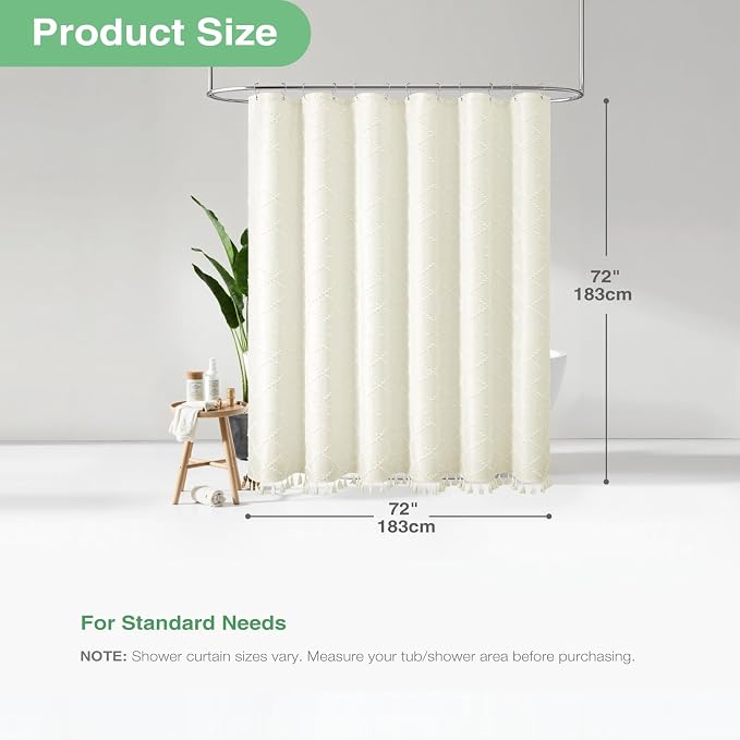 Boho Farmhouse Fabric Shower Curtain Tufted Geometric 72x72 Cream | Elegant Tassel, Soft Lightweight Textured Cloth, Water Repellent, Washable, Hotel Spa, for Bathroom/Dorm/Apartment 12 Hooks
