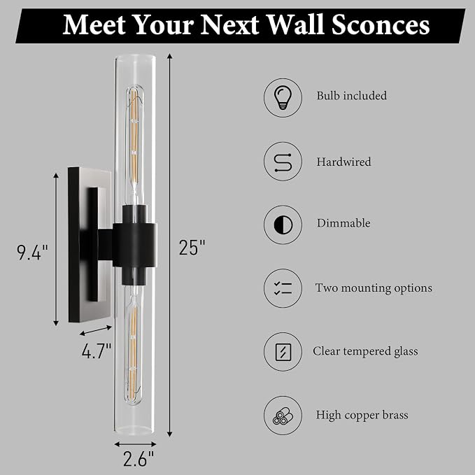 Black Brass Bathroom Wall Sconce: Set of 2 Modern Linear Matte Sconces | Clear Glass Tube Vanity Lights, Vertical or Horizontal Mounted Dimmable Lighting Fixtures for Indoor Living Room Hallway