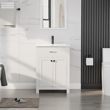 LUCKWIND 24" Bathroom Vanity with Sink Combo, Painted Modern Bathroom Storage Cabinet with Ceramic Sink, Two Doors, Include Faucet Without Mirror, White