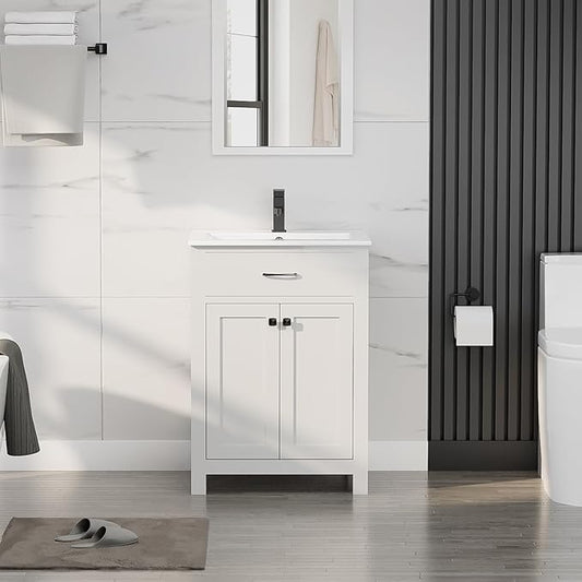 LUCKWIND 24" Bathroom Vanity with Sink Combo, Painted Modern Bathroom Storage Cabinet with Ceramic Sink, Two Doors, Include Faucet Without Mirror, White