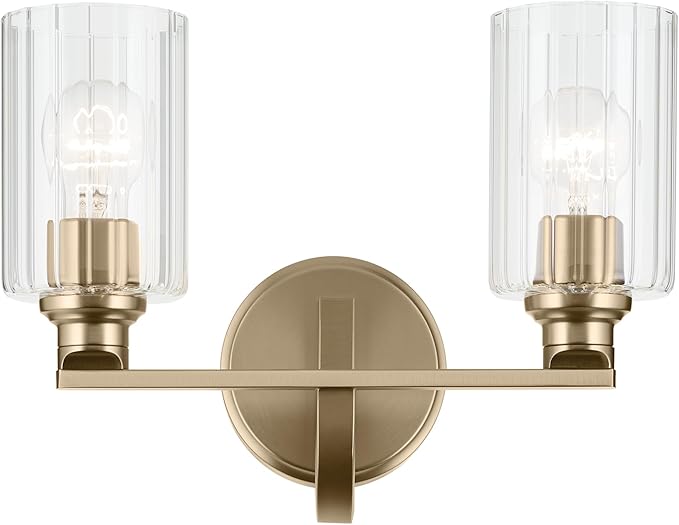 Kichler Gioe 14.25" 2-Light Vanity Light with Clear Fluted Glass in Champagne Bronze, Damp Rated, for Bathroom, Powder Room, Over a Mirror, (14.25" W x 10.5" H), 55225CPZFLU
