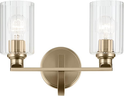 Kichler Gioe 14.25" 2-Light Vanity Light with Clear Fluted Glass in Champagne Bronze, Damp Rated, for Bathroom, Powder Room, Over a Mirror, (14.25" W x 10.5" H), 55225CPZFLU