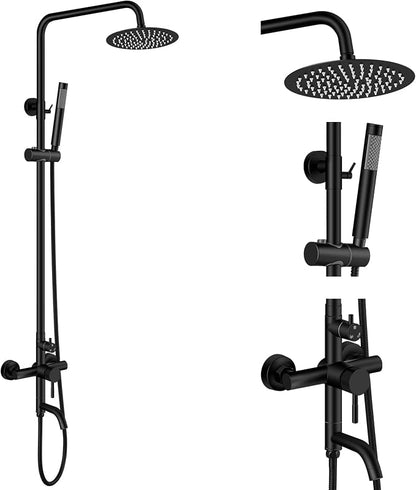 Aolemi Outdoor Shower SUS304 Outside Kit Handheld Tub Spout Matte Black | 8 Inch Head, Handheld Spray, Swivel Tub Faucet, Adjustable Height,Outside Exposed Shower Fixture,Single Handle,Wall Mount