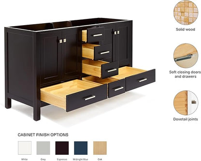 ARIEL Cambridge 60-inch Bathroom Vanity Base Cabinet,Solid Wood, 4 Soft Closing Doors, 6 Dovetail Drawers, Espresso