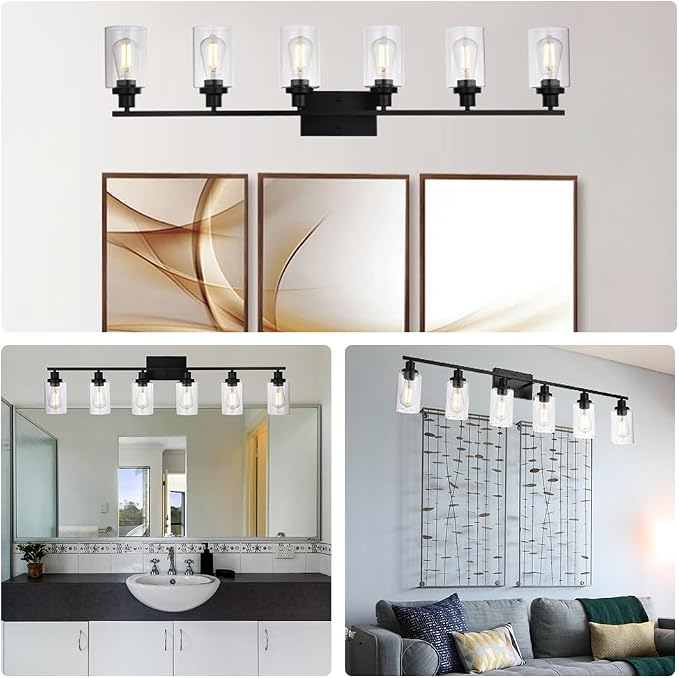 MELUCEE Black Vanity Light Fixture 6-Light with Clear Glass Shade | Industrial Metal Wall Sconce Bathroom Lighting for Bedroom Hallway Kitchen,(Patent No.: US D963914 S)