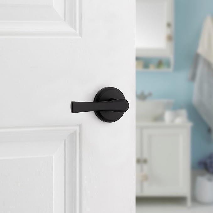 Kwikset Katella Interior Privacy Door Handle with Lock, Door Lever For Bathroom and Bedroom, Matte Black Reversible Keyless Push Button Lock Door Lever, with Microban Protection